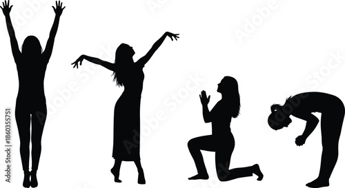 Female yoga and dance silhouettes collection, graceful body poses, meditation movement concept, fitness wellness illustration, spiritual balance, healthy lifestyle design