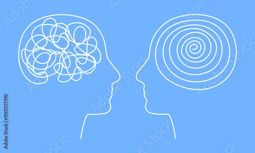 Mental health concept showing tangled brain lines transforming into order. Stress therapy illustration with chaotic scribbles becoming untangled through mentorship and psychological support.