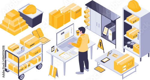 Isometric warehouse workspace illustration with worker inventory boxes logistics management packing storage and shipping operations concept