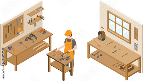 Isometric woodworking workshop illustration with carpenter tools workbench and craftsman creating wooden furniture in professional carpentry studio