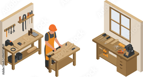 Isometric woodworking workshop illustration with carpenter tools workbench and craftsman creating wooden furniture in professional carpentry studio