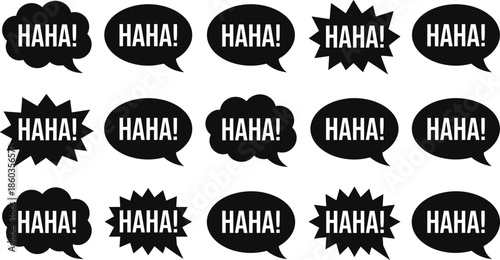 Haha speech bubble silhouettes set, comic laughter text balloons, funny expression icons, humor and reaction design elements, black vector illustration