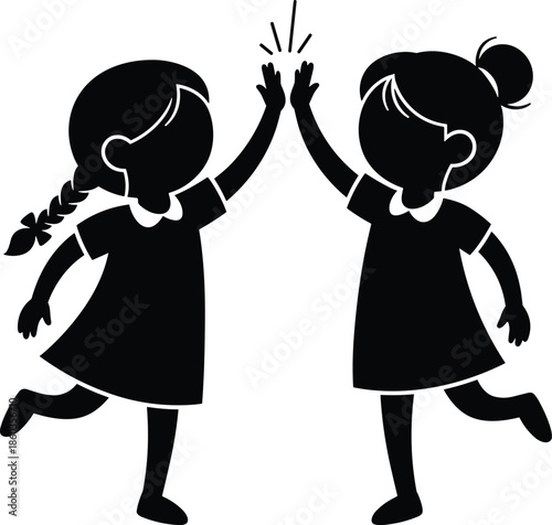 Happy little girls silhouette high five friendship teamwork concept, childhood joy, playtime bonding, success celebration illustration isolated on white