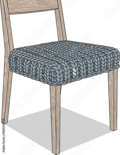 Modern wooden chair with chunky grey knitted wool seat cushion