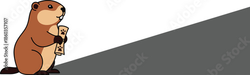 Cute groundhog holding paw print papers in front of large grey triangle