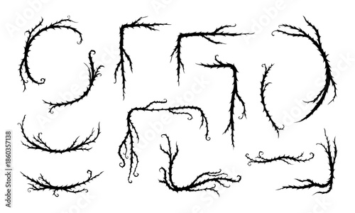 Thorn vine frames and borders vector set. Black twisted thorn branches, barbed stems, creepy patterns. Isolated design elements for tattoos, gothic art, religious symbols.