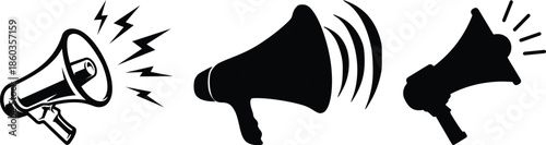 Megaphone icon collection with various styles and designs on a white background for effective communication.Four Black Silhouette Megaphone Icons on White Background bullhorn loudspeaker
