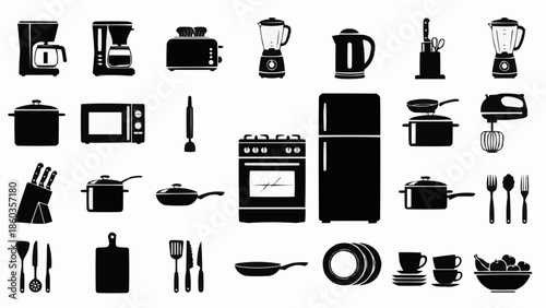 Collection of kitchen appliances and utensils in silhouette.
