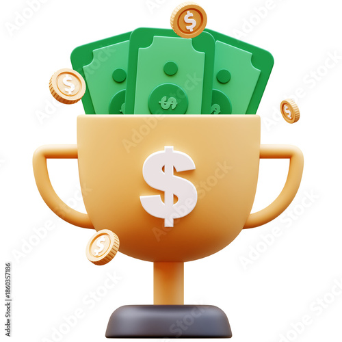 3D Illustration of Golden trophy cup with dollar sign, money bills and coins flying around. Concept of financial success, winning prize, bonus or cash reward. Isolated.