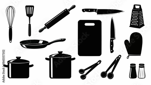Collection of kitchen utensils and cookware in silhouette.