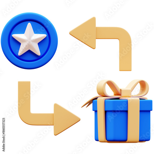 3D Illustration of loyalty program elements: star coin, gift box, arrow loop for rewards, cashback, bonus, promotion, discount, special offer, marketing campaign.