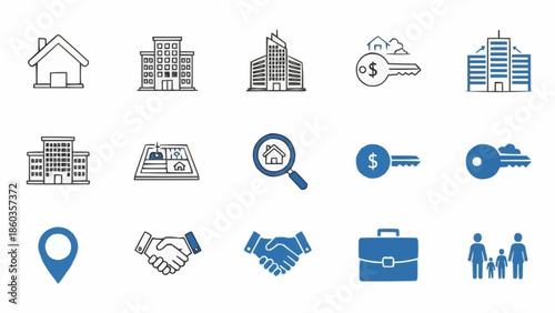 Real Estate and Business Icon Set - House, Buildings, Keys, and More.