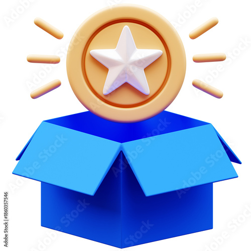 3D Illustration of a blue open box with a golden coin and a white star on it, concept of reward, bonus, gift, prize, special offer, loyalty program