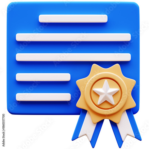 3D Illustration of Diploma or Certificate with Gold Star Seal and Ribbons, graduation achievement, award, education success, blue background, minimalist design