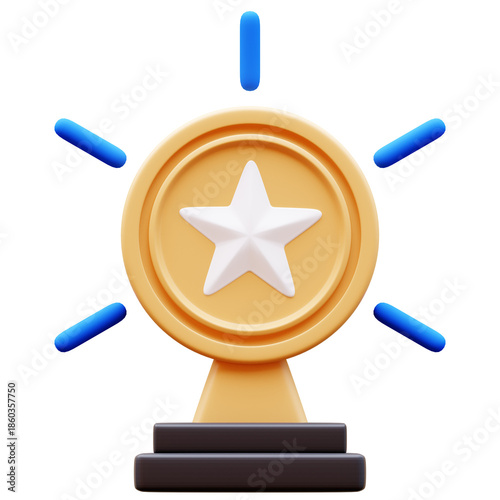 3D Illustration of a golden award trophy with a white star in the center, shining with blue light rays. Symbol of success, achievement, and recognition.
