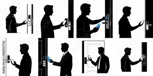 A collection of silhouette illustrations depicting men using smartphones and digital security systems to unlock smart doors via NFC, keypads, and biometrics.