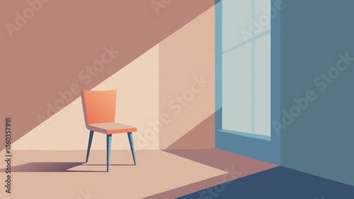 Lonely chair in sunlit minimalist room with soft shadows and muted colors creating calm and contemplative atmosphere