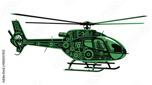 Green Helicopter with Intricate Circuitry Design on White Background.