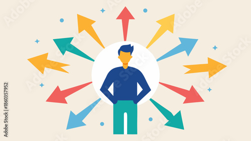 Young man surrounded by colorful arrows symbolizing multiple choices, life directions and personal growth challenges