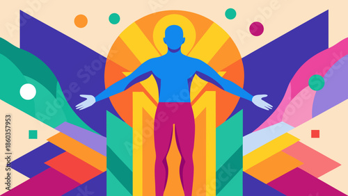 Stylized human figure with open arms surrounded by vivid abstract shapes representing energy, transformation and empowerment