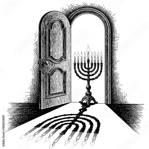Open door casting light and shadow on a menorah in hallway  