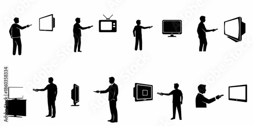 A set of black silhouette icons depicting men using remote controls to interact with various television sets, showcasing technology evolution.