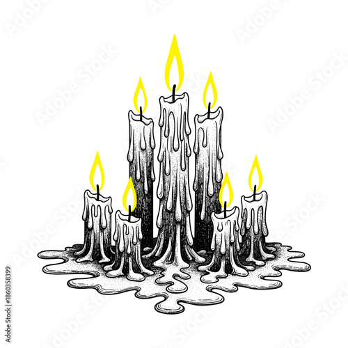 Six melting candles with yellow flames on white background  