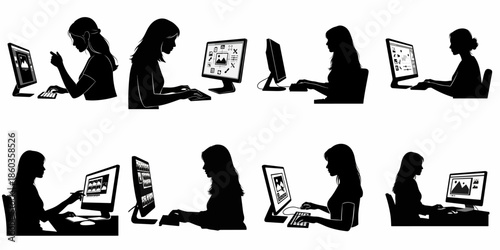 Set of eight black silhouettes showing female graphic designers or photographers editing images and working on computers.