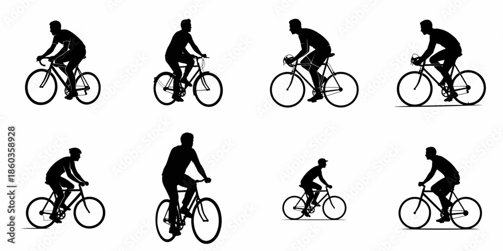 Fototapeta premium Collection of eight male cyclist silhouettes riding bicycles, representing sports, fitness, commuting, and outdoor recreation against a white background.