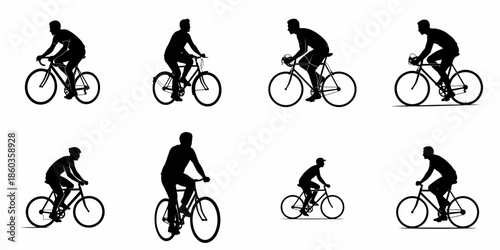 Collection of eight male cyclist silhouettes riding bicycles, representing sports, fitness, commuting, and outdoor recreation against a white background.