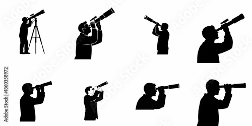 Collection of Silhouettes Depicting Men Observing the Sky Through Various Telescopes, Representing Astronomy, Exploration, and Vision.
