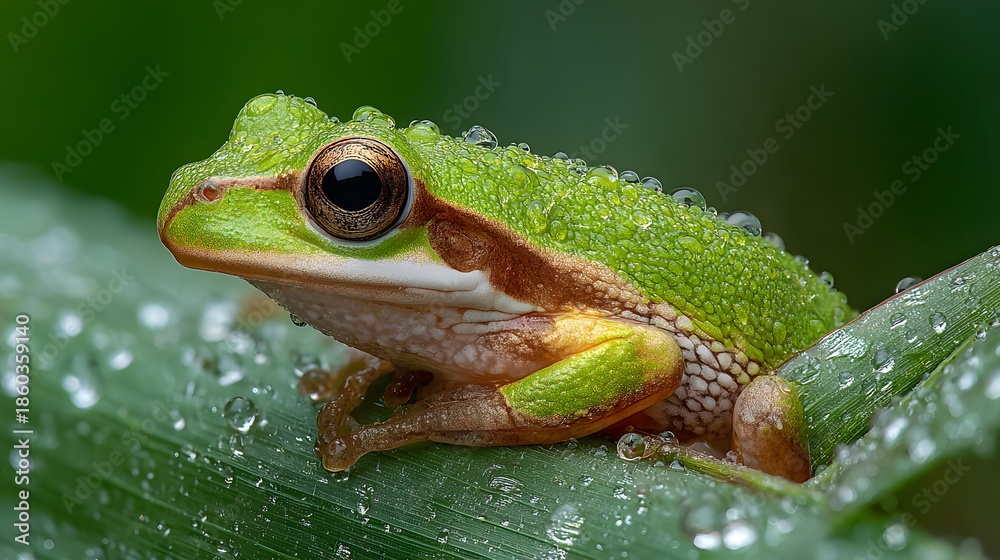 Obraz premium Close-up macro shot of a vibrant green tree frog resting on a wet green leaf with water droplets glistening against a soft green background.