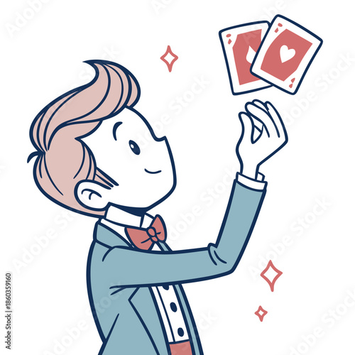 Boy magician performing card trick with suit and tie