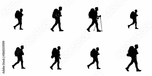 Eight black silhouettes of male hikers walking with large backpacks and trekking poles, isolated on a white background, representing motion and adventure.