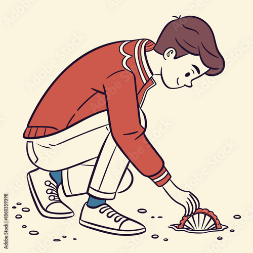 Boy Crouching To Pick Up Object On Ground