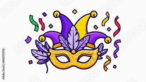 Vibrant Mardi Gras mask and jester hat with colorful confetti