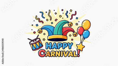 Vibrant carnival celebration with colorful jester hat and balloons