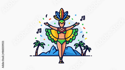 Vibrant dancer in colorful costume celebrating with music and palm trees