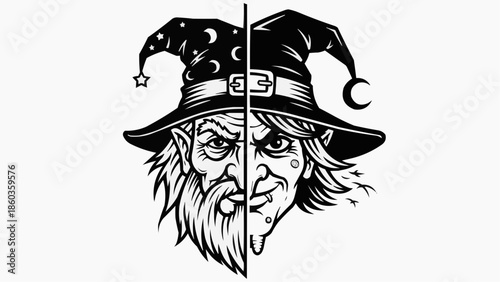 Split personality wizard faces with contrasting magical hats