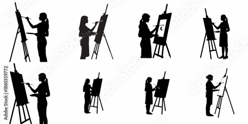 Collection of female artist silhouettes painting on an easel, featuring women holding brushes and palettes in various poses.