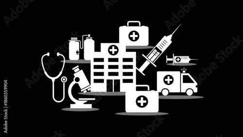 Healthcare Icons and Medical Equipment Illustration on Black Background.