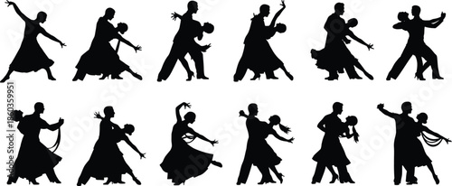 A collection of diverse silhouette illustrations depicting couples engaged in different styles of dance.