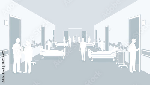 Hospital Hallway Scene with Patients and Medical Staff Illustration.