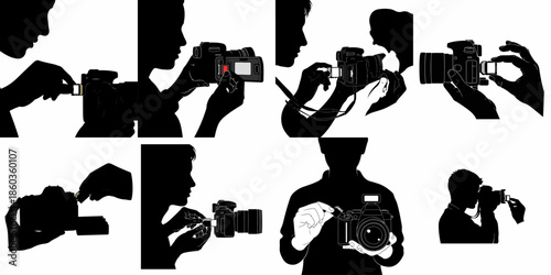Collection of vectors illustrating photographers inserting and removing SD memory cards from professional digital cameras in silhouette.