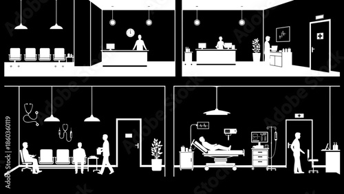 Hospital Interior Scenes Reception Waiting Area and Patient Room.