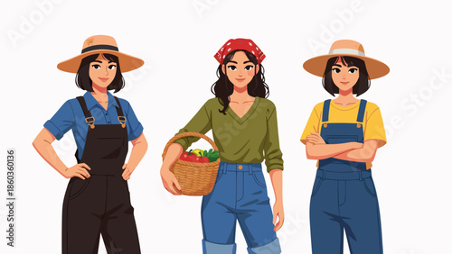 Three female farmers in overalls and hats, presented as a charming vector illustration for agricultural themes