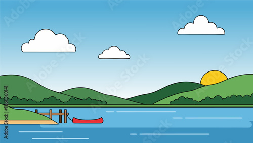 Serene Lakeside Vector Illustration of a Red Canoe Docked by a Calm Body of Water with Rolling Hills and a Sunny Sky