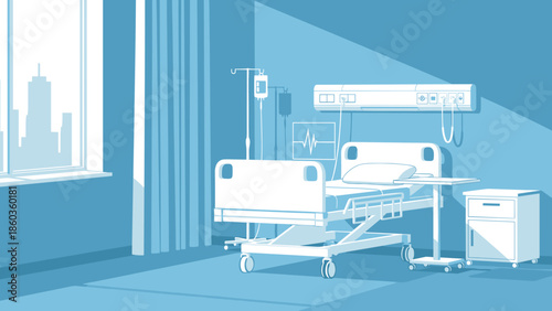 Hospital Room Interior with Adjustable Bed and Medical Equipment.