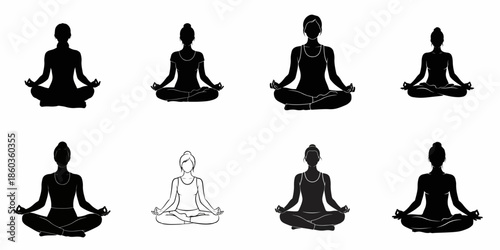 Vector silhouettes set of women practicing yoga and meditation in the lotus position (Padmasana), representing relaxation and wellness icons.