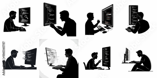 Black and white silhouettes of IT professionals and software developers working on code, programming, and debugging computers.